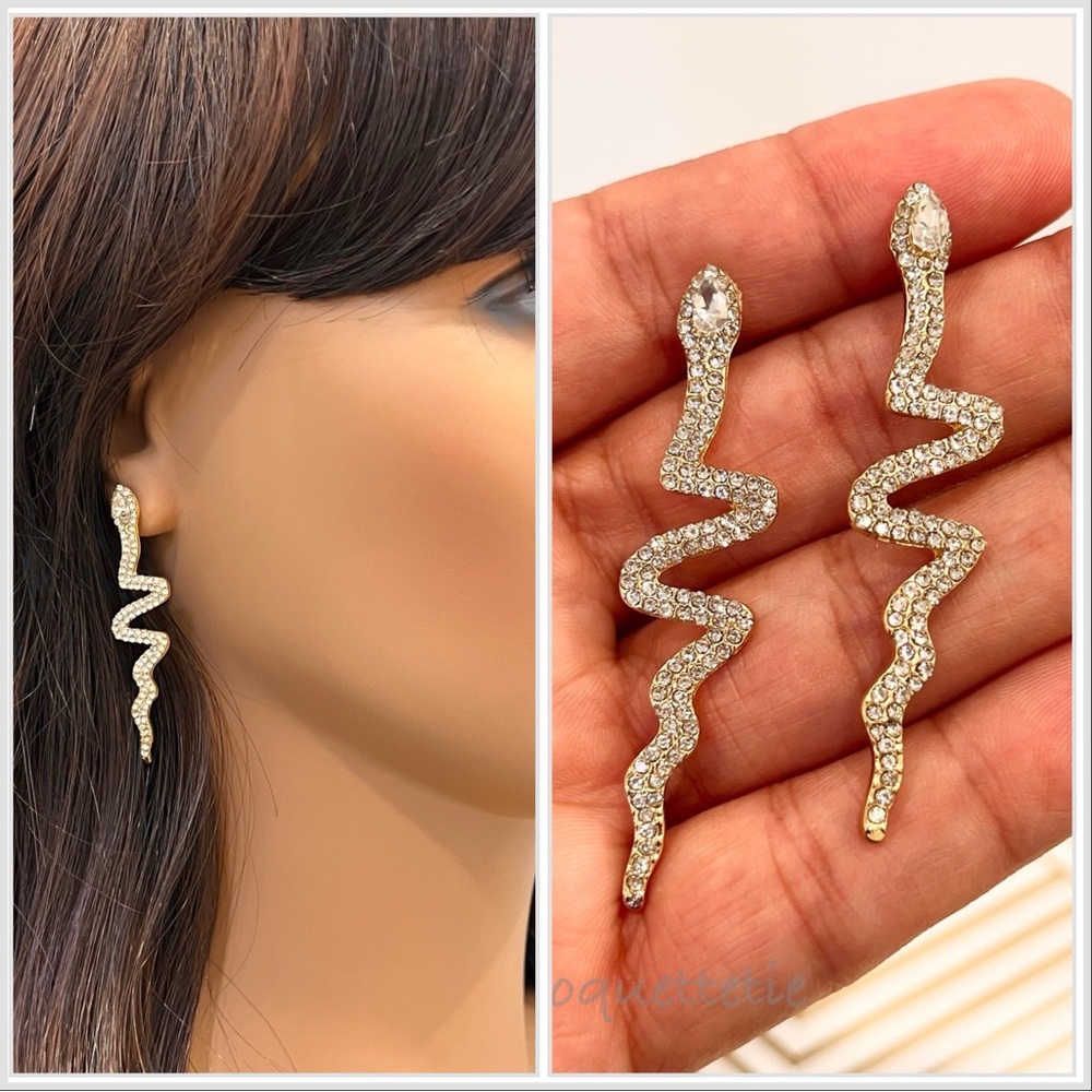 Gold snake statement earrings- snake rhinestone earrings- gold drop earrings